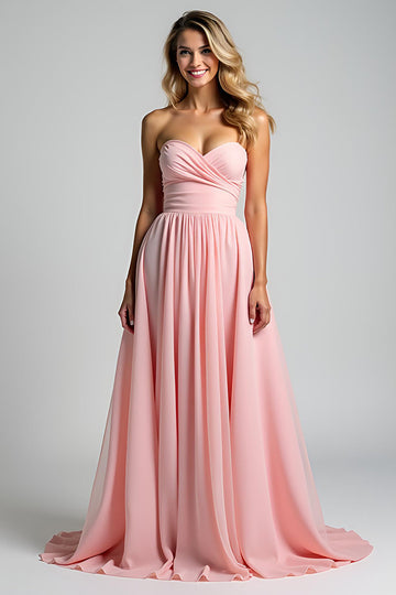 Mousseline de soie rose chérie une ligne froncée robe de demoiselle d’honneur